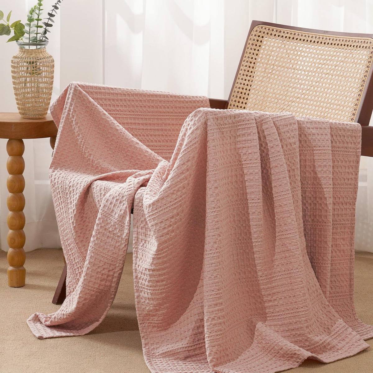 PHF Lightweight Waffle Weave Blanket Queen Size 90"x 90", Soft Woven All‑Season Blanket for Hot Sleepers - Aesthetic Home Decor for Couch Bed Sofa, Pet Friendly, Natural/Linen