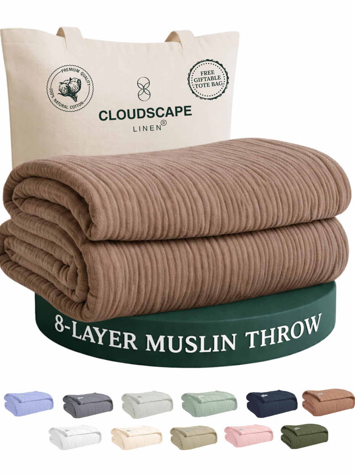 CLOUDSCAPE 8 Layer Muslin Blanket Queen Size, Gauze, Cotton 92"x92" - Ivory