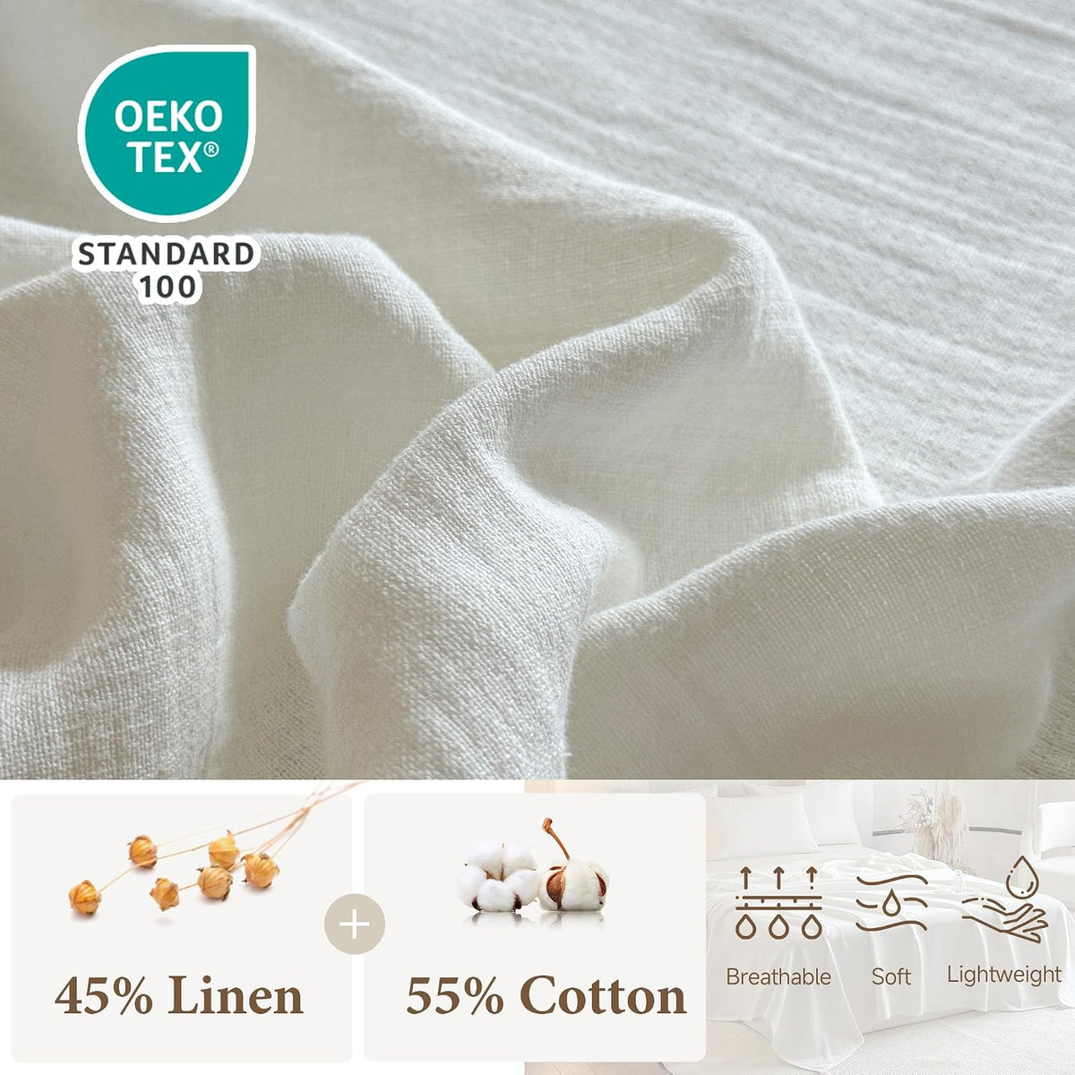 Simple&Opulence Linen Cotton Throw Blanket with Tassels, Double-Layer Flax Blend Blanket for Couch Sofa Bed, Soft Lightweight Breathable Boho Farmhouse Throw for All-Season (50"X60",White)