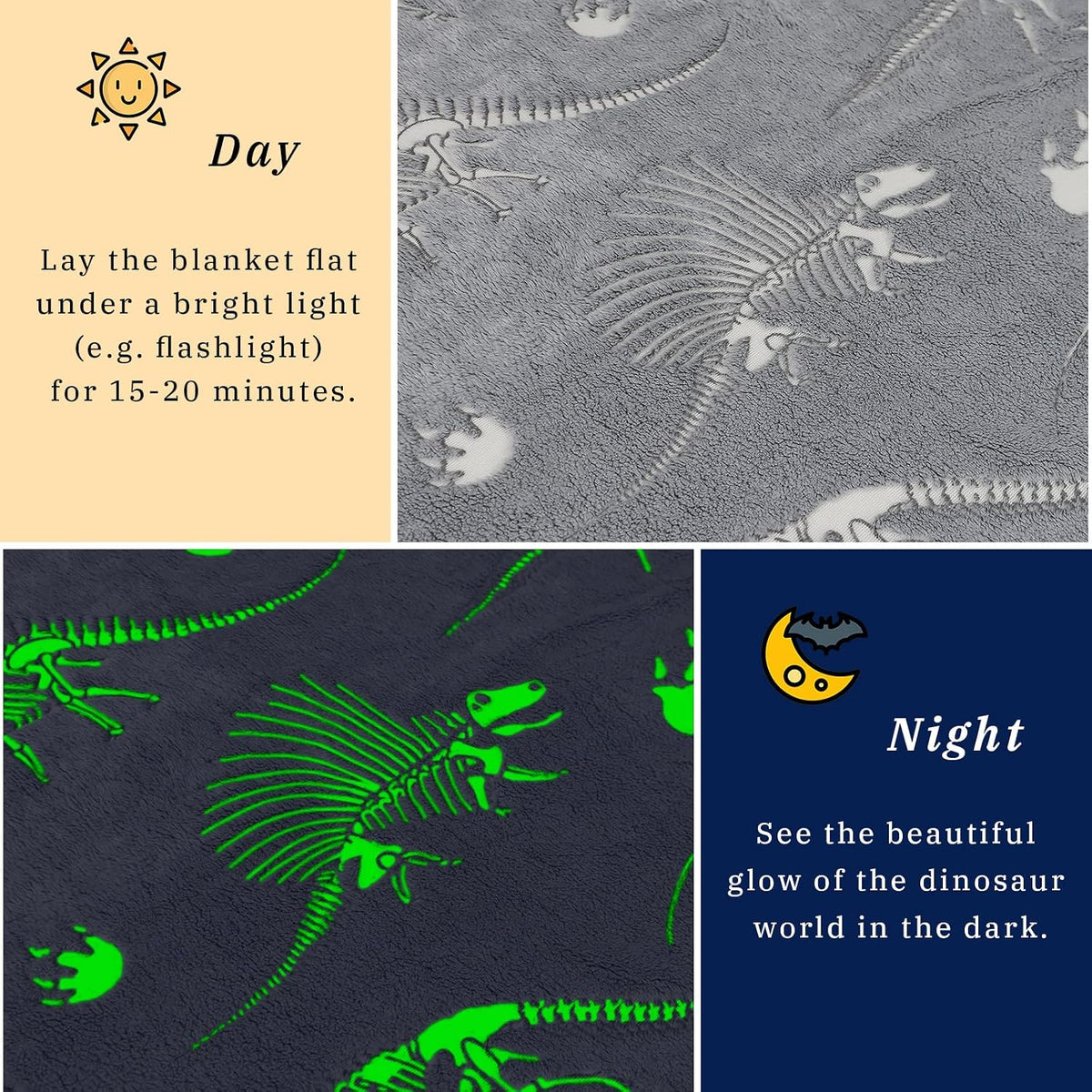 Glow in The Dark Blanket Dinosaur Throw Blanket for Boys Kids Soft Warm Cozy Cute Dino Blanket Unique Dinosaurs Toys Gifts Gray Glowing Dinosaur Room Decor Blankets for Girls Teens 50"x60"
