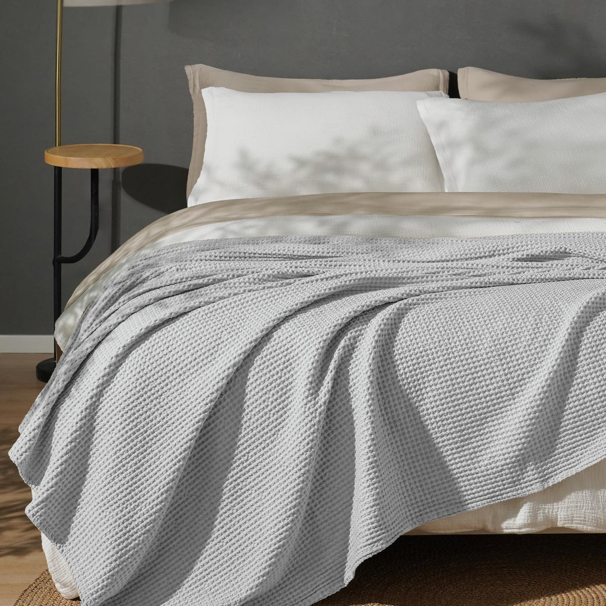 PHF 100% Cotton Waffle Blanket Lightweight Breathable, Queen Linen/Stone
