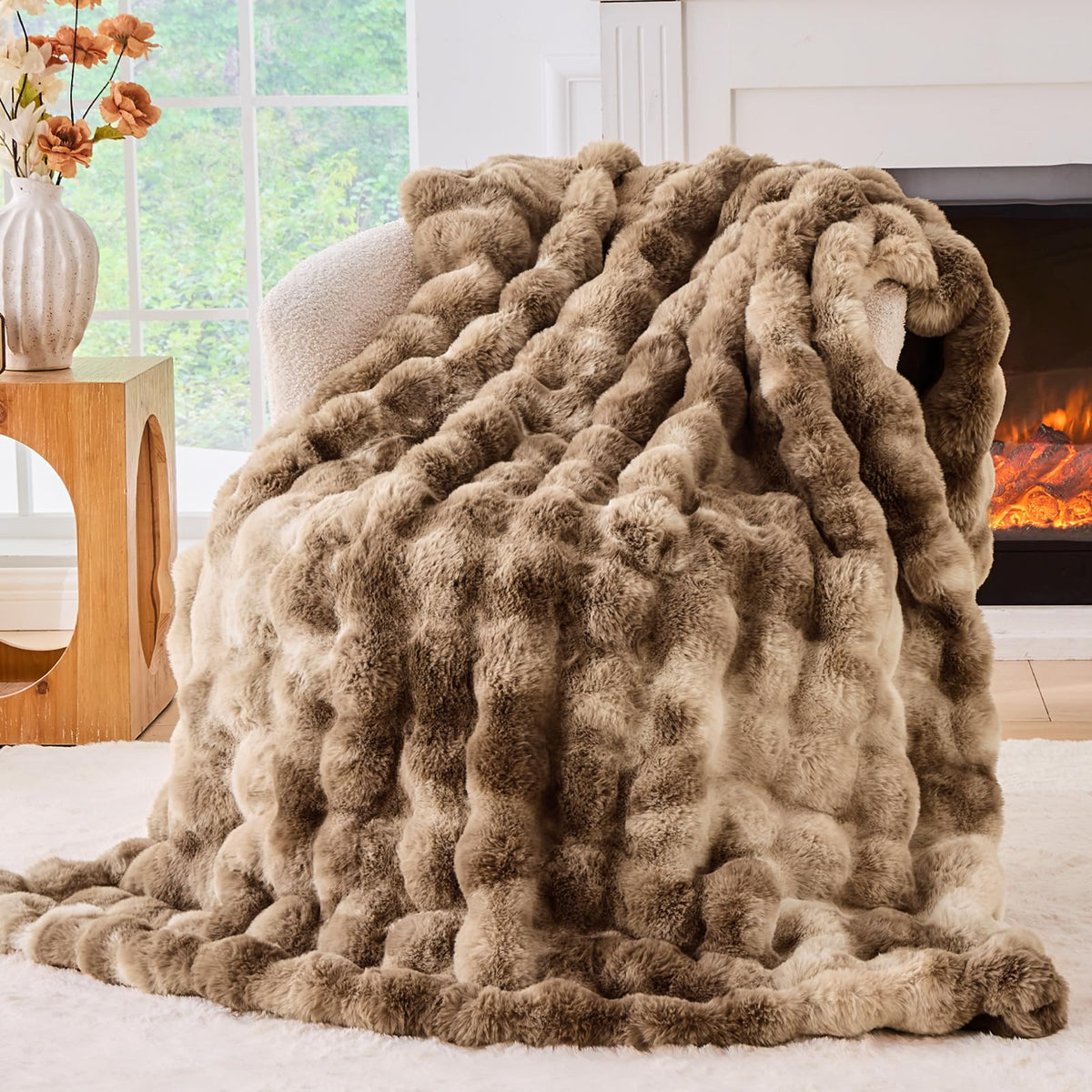 BENVWE Faux Fur Throw Blanket for Couch - Cozy Plush Fluffy Soft Thick Bubble Blanket for Living Room Home Decor - Mothers Day Birthday Gifts for Women, Cream White, 51" x 63"