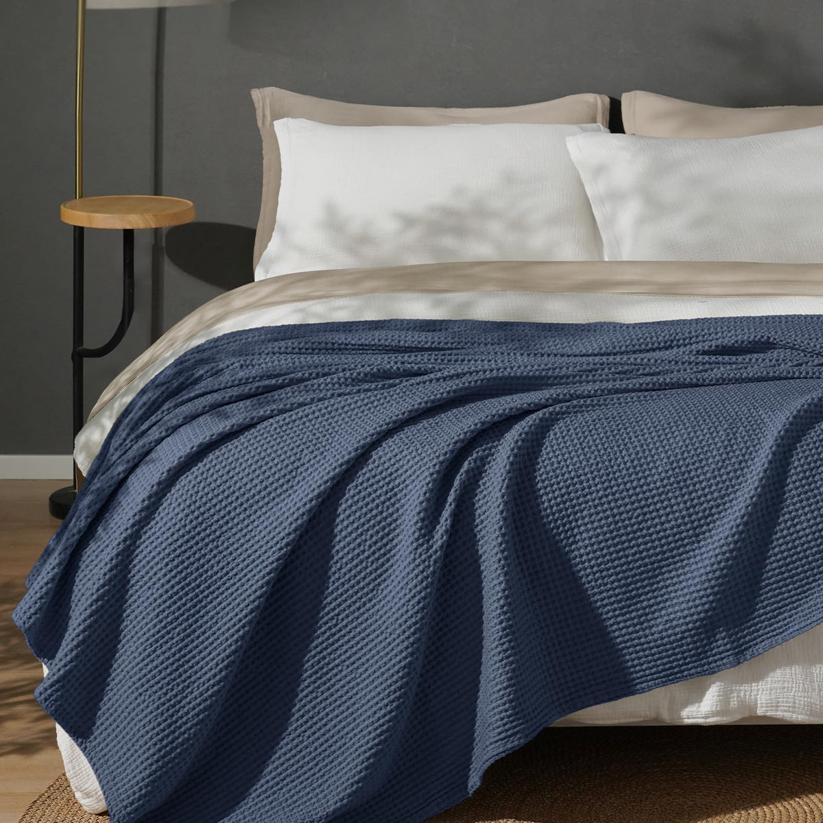 PHF 100% Cotton Waffle Blanket Lightweight Breathable, Queen Linen/Stone