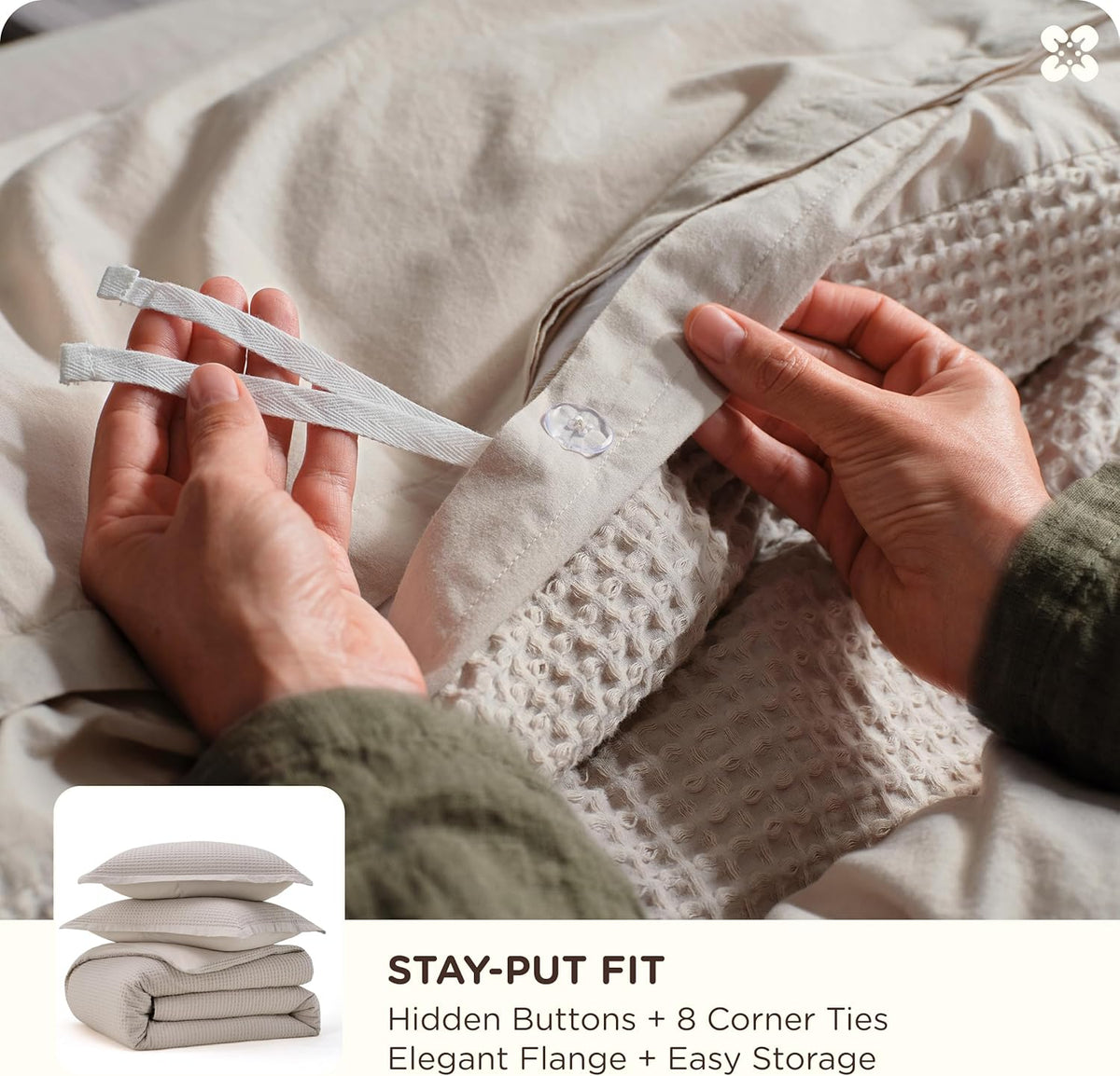 Bedsure PureWoven 3 Pieces 100% Cotton Waffle Duvet Cover Set, Queen, Linen