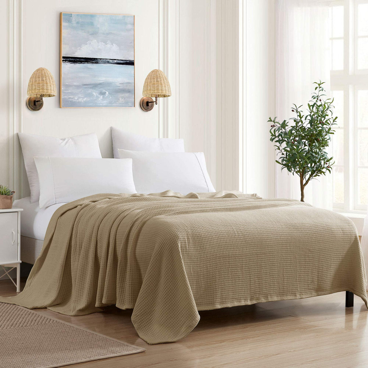 Sweet Home Collection 100% Fine Cotton Luxurious Basket Weave Blanket, Ivory Full/Queen(Pack of 1)