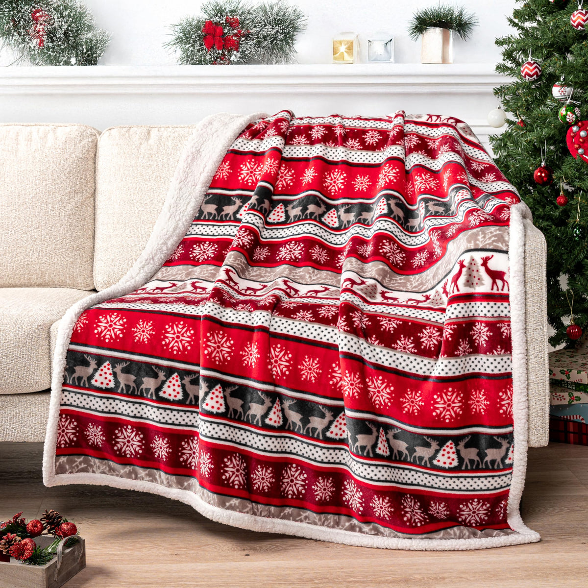 PAVILIA Twin Plaid Sherpa Throw Blanket for Couch Sofa Bed, Taupe, 60x80