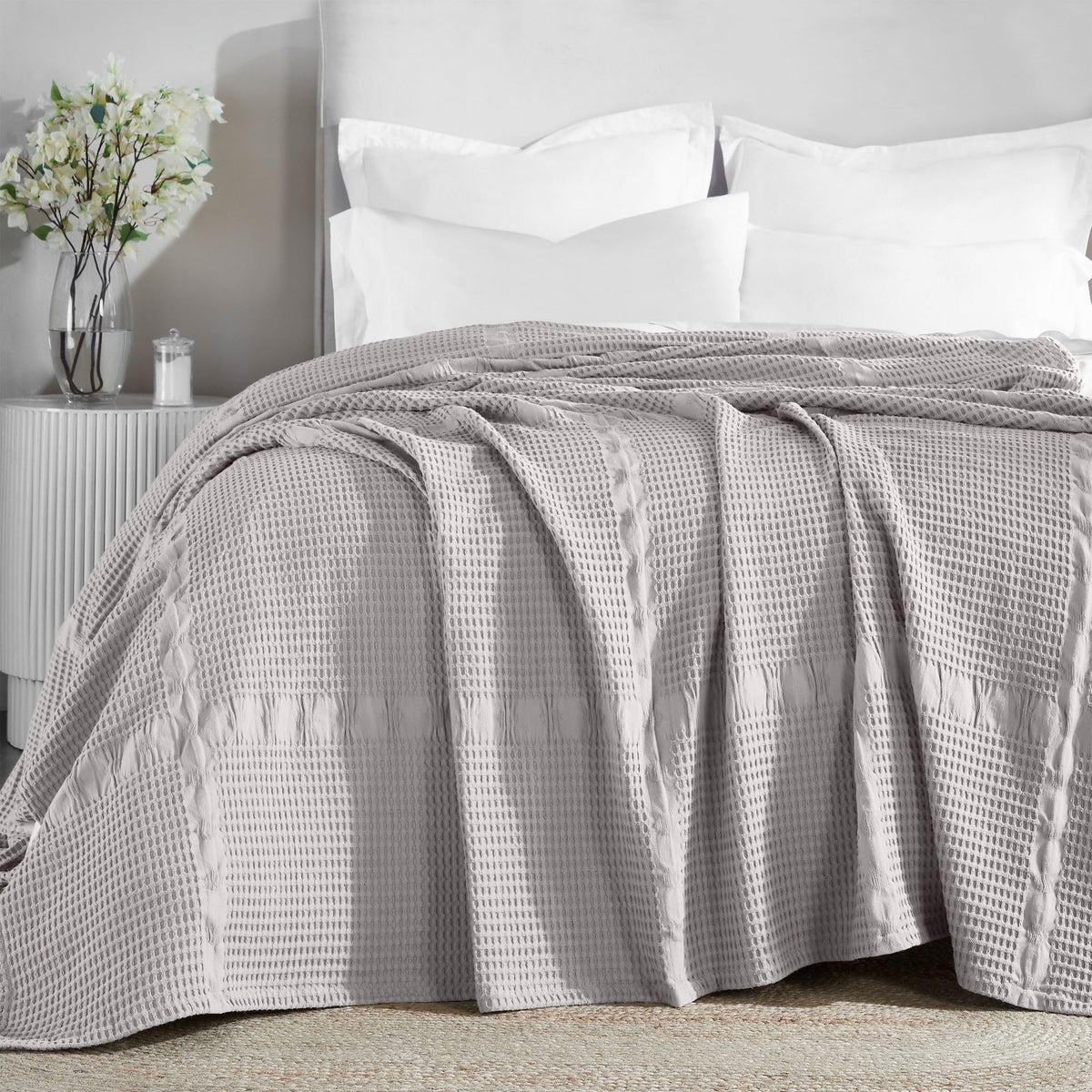 SUPERIOR Waffle Weave Cotton Blanket, Comfy Blanket for Bedroom Decor, Picnic, Beach, Traveling, Bedding Essentials, Bed Cover, Couch, Lounging, Geometric Design, Mai Collection, Twin, Light Blue