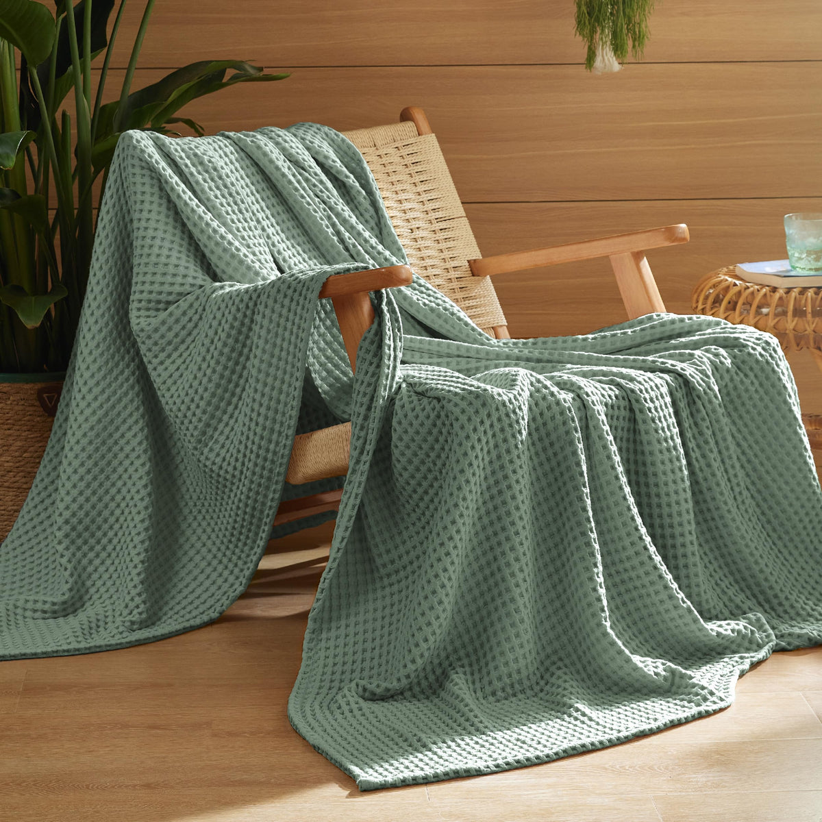 Bedsure Lightweight 100% Cotton Waffle Blanket, Throw XL, Linen