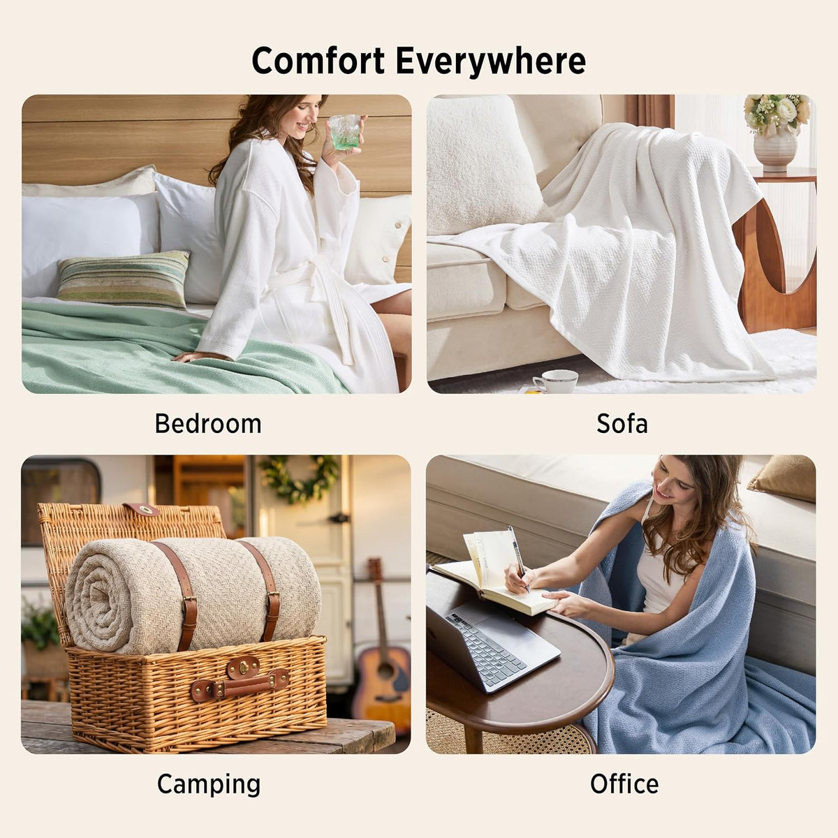 Bedsure 100% Cotton Blanket, Herringbone Weave, King, Linen Beige