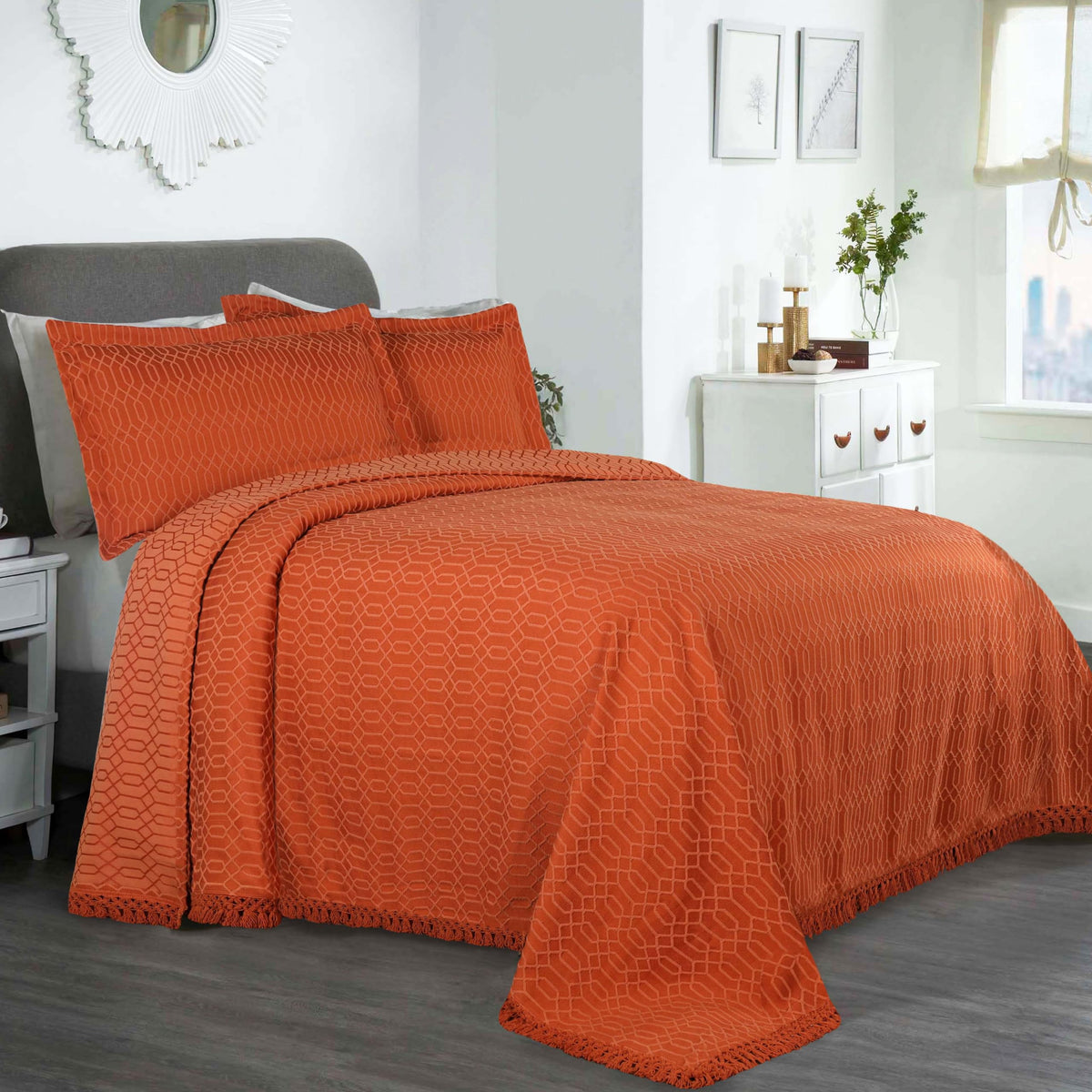 SUPERIOR Cotton 3-Piece Bedspread Set, 1 Medium Weight Bedspread, 2 Pillow Shams, Home Bed Decor, Warm Bedding, Matelasse Woven Oversized Blanket, Geometric Circles, Serenity Collection, King, Linen