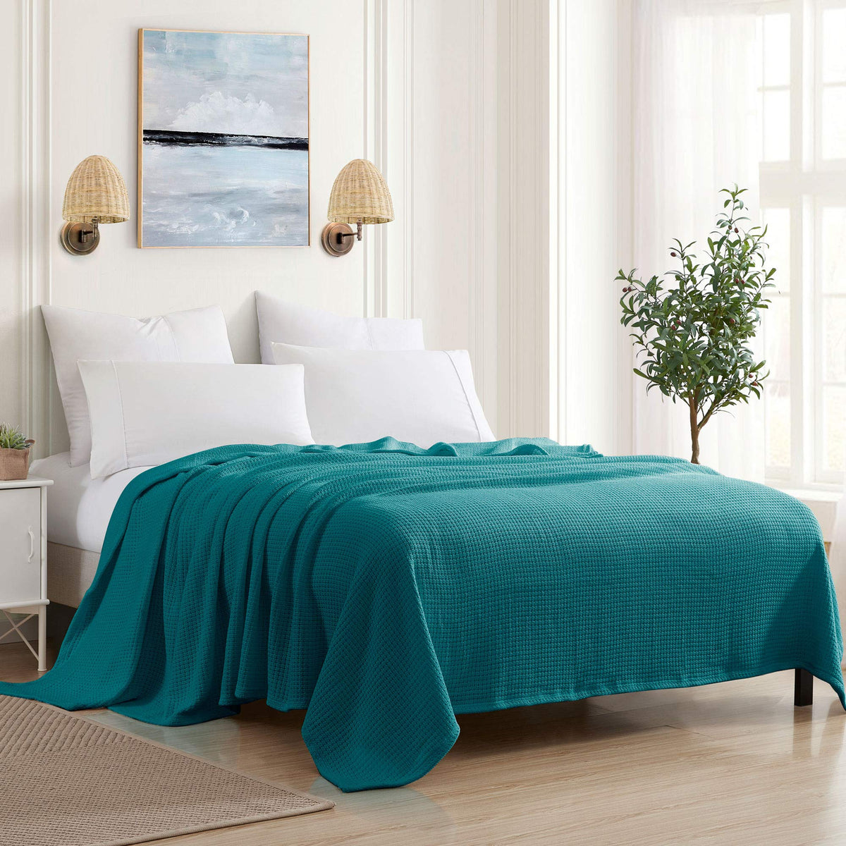 Sweet Home Collection 100% Fine Cotton Luxurious Basket Weave Blanket, Ivory Full/Queen(Pack of 1)
