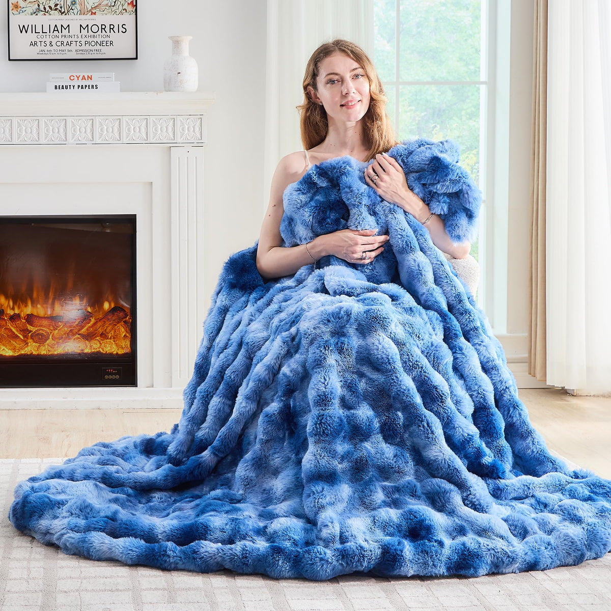 Lotus Karen Faux Fur Throw Blanket Cream White - Big Bubble Rabbit Fluff Blanket for Couch, Small Fluffy Fuzzy Cozy Blanket, Thick Furry Plush Shaggy Blankets, 50x60 Inches