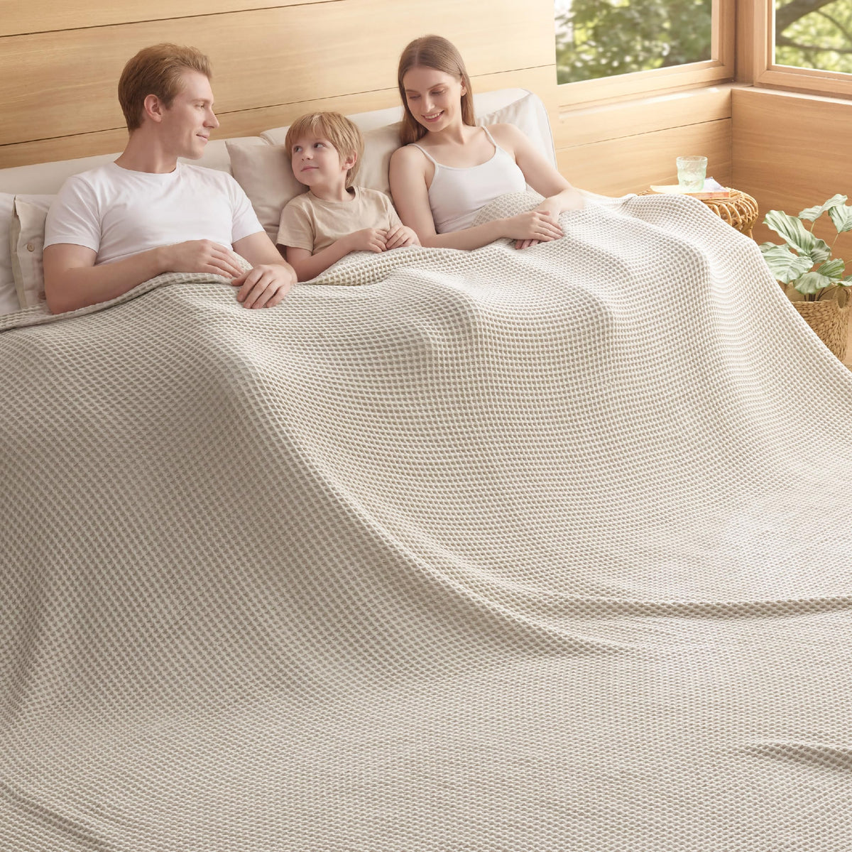 Bedsure Lightweight 100% Cotton Waffle Blanket, Throw XL, Linen