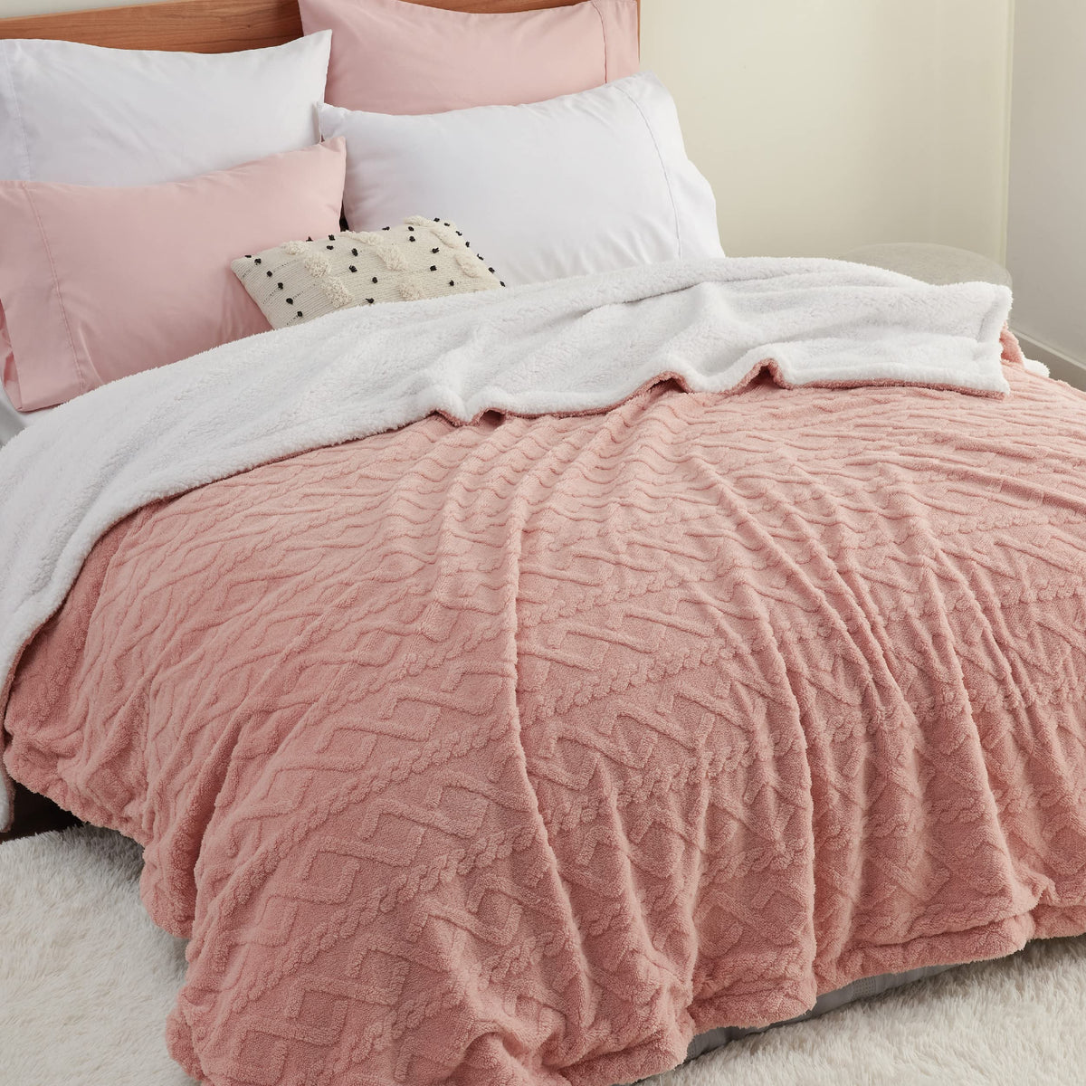 Bedsure Sherpa Fleece Blanket, Cable Jacquard Tufted, Warm, Throw, Grey
