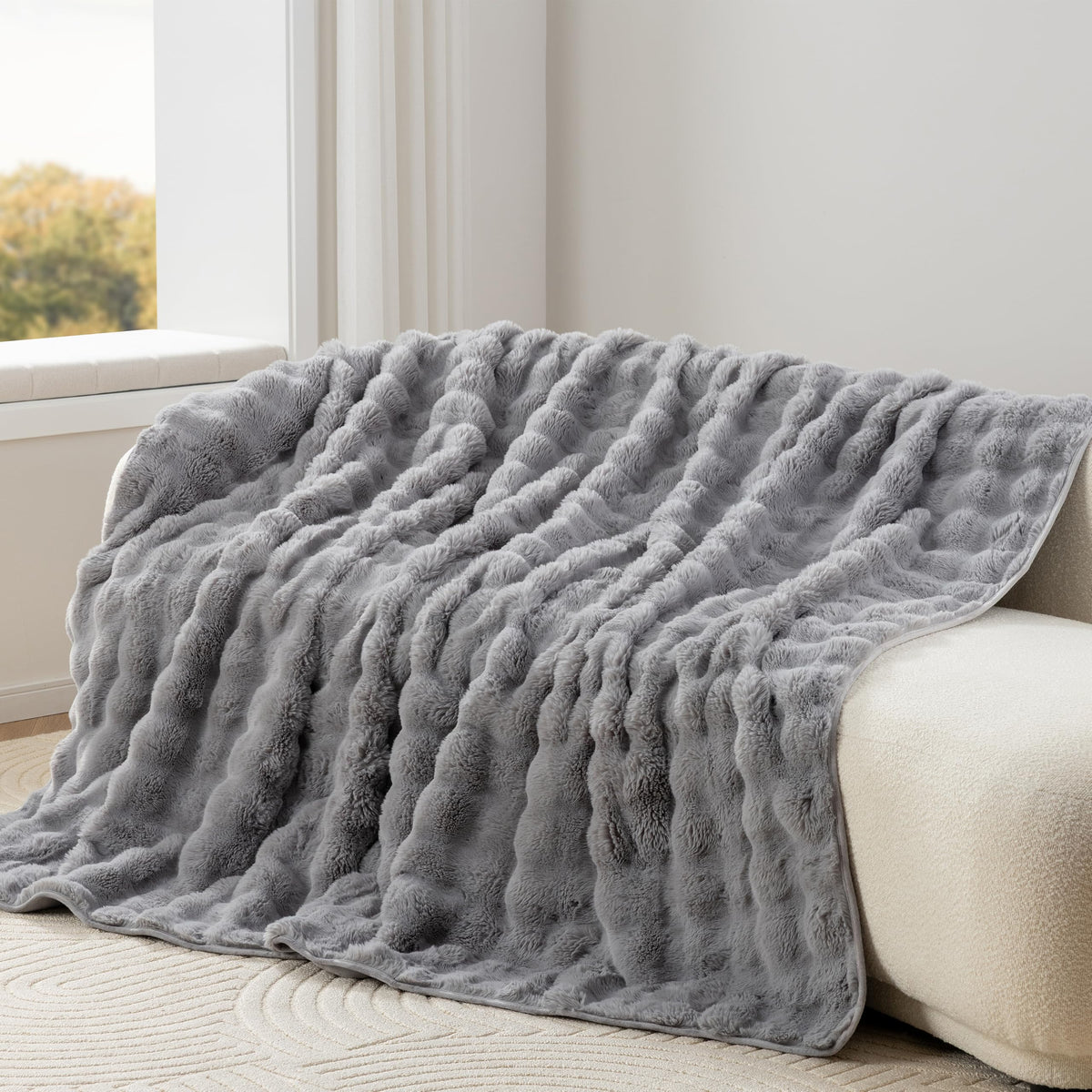 Berkshire Faux Fur & Velisse Reversible Blanket - Ultra Soft Plush Blanket for Couch and Bed, Luxury Fluffy Sofa Decor, 90" x 90", Polar Blue