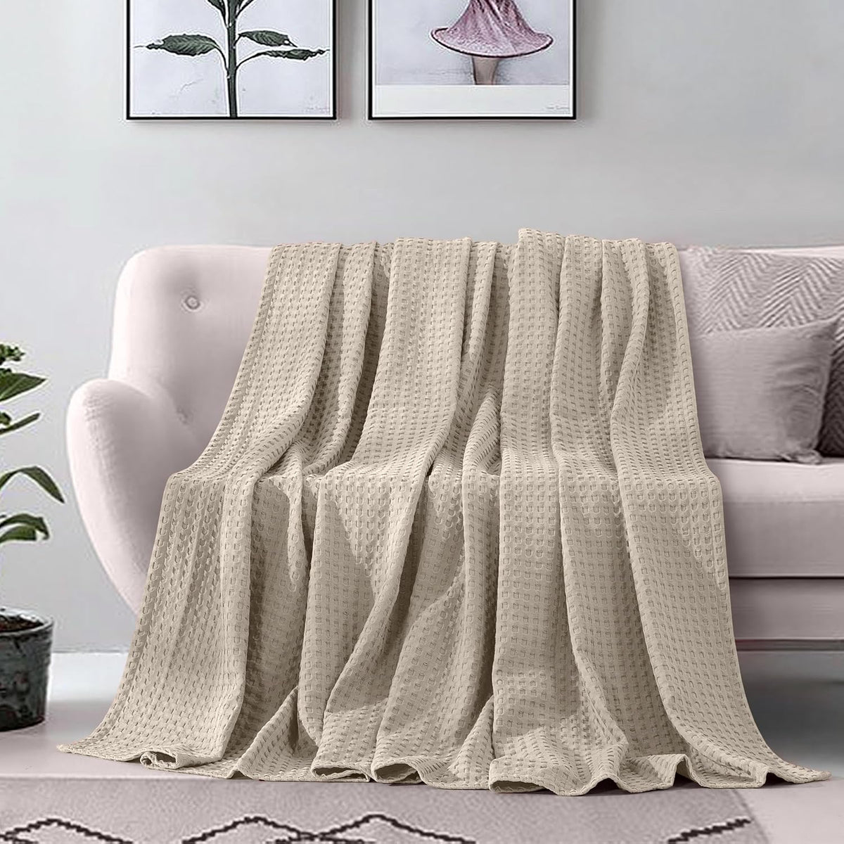 Elegant Comfort Premium 100% Cotton Waffle Blanket - Lightweight Breathable Waffle Weave Bed Blanket - Soft and Warm All Season Blanket for Couch, Sofa and Bed, King Size 90x108 Inches, Linen