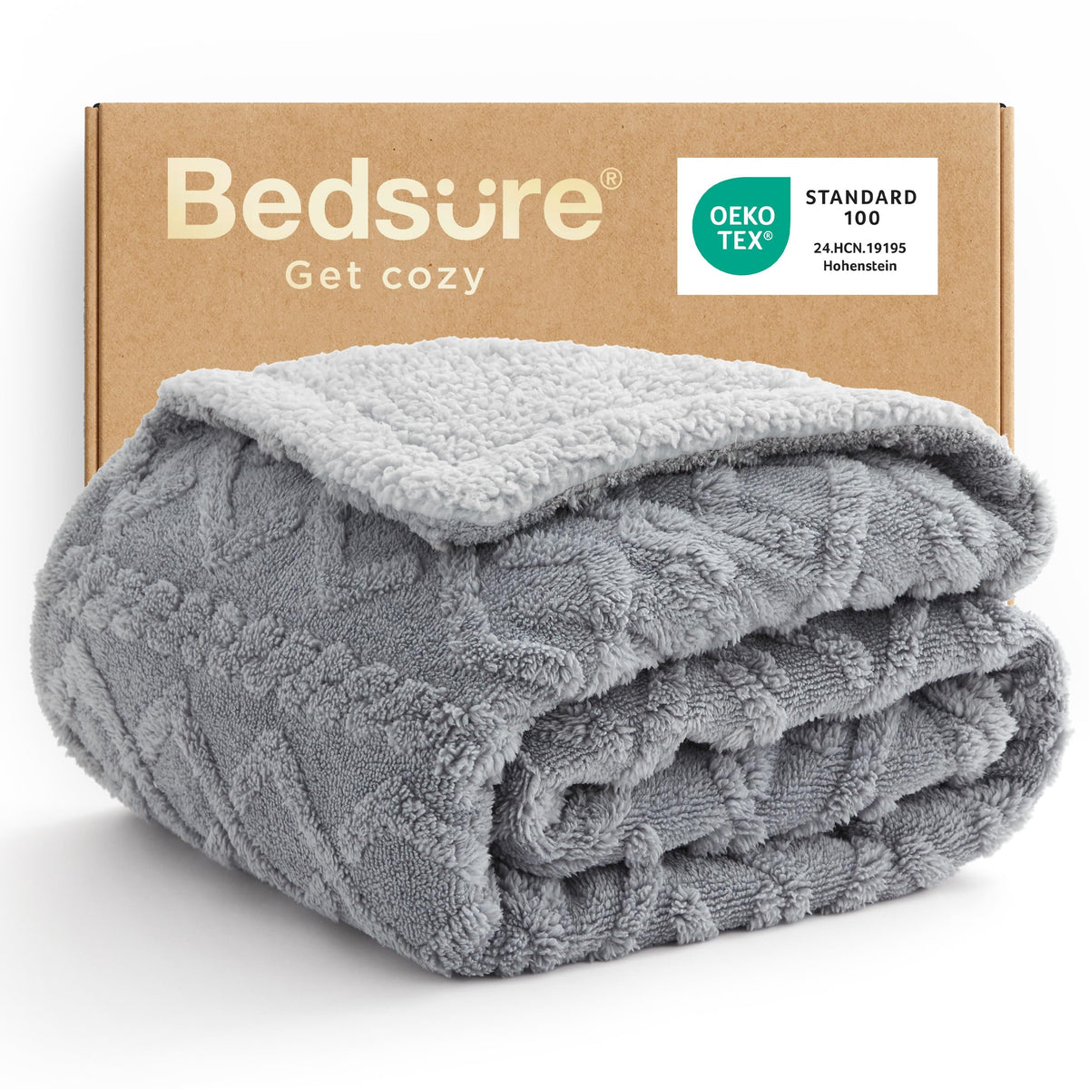 Bedsure Sherpa Fleece Blanket, Cable Jacquard Tufted, Warm, Throw, Grey