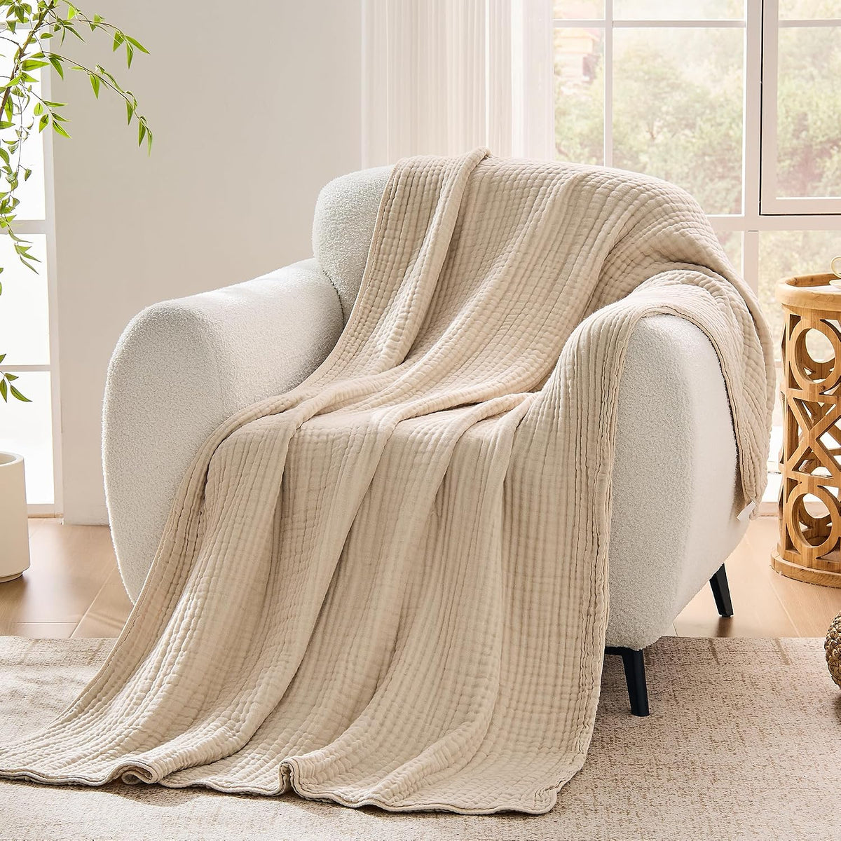 VANJOROY Muslin Throw Blanket for Adults, 100% Cotton 9-Layer 50x70, Beige