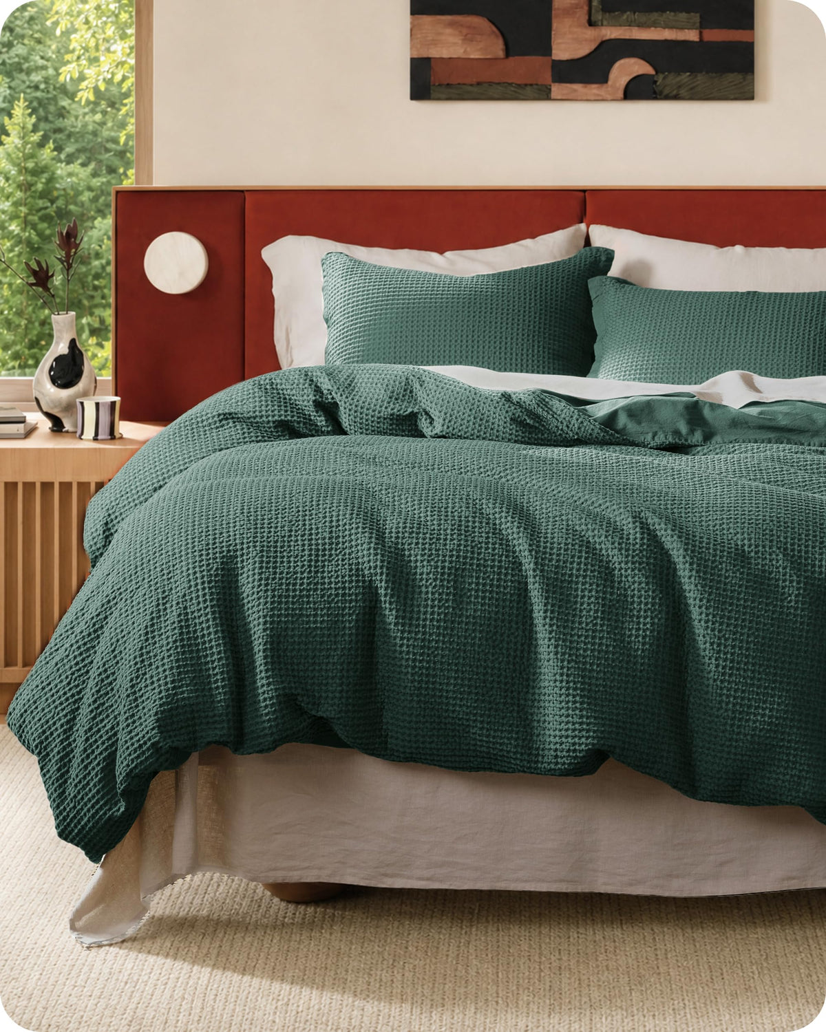 Bedsure PureWoven 3 Pieces 100% Cotton Waffle Duvet Cover Set, Queen, Linen