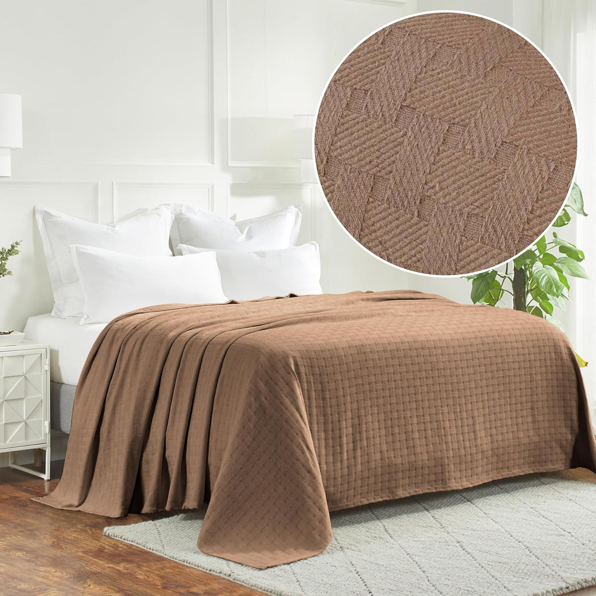 Superior Basketweave Cotton Blanket, Basket Weave Design, Soft, Comfy Cover for Bed, Bedding, Bedroom, Couch Throw, Lounging, Modern Boho Medium Weighted Blankets, Twin Size, Taupe