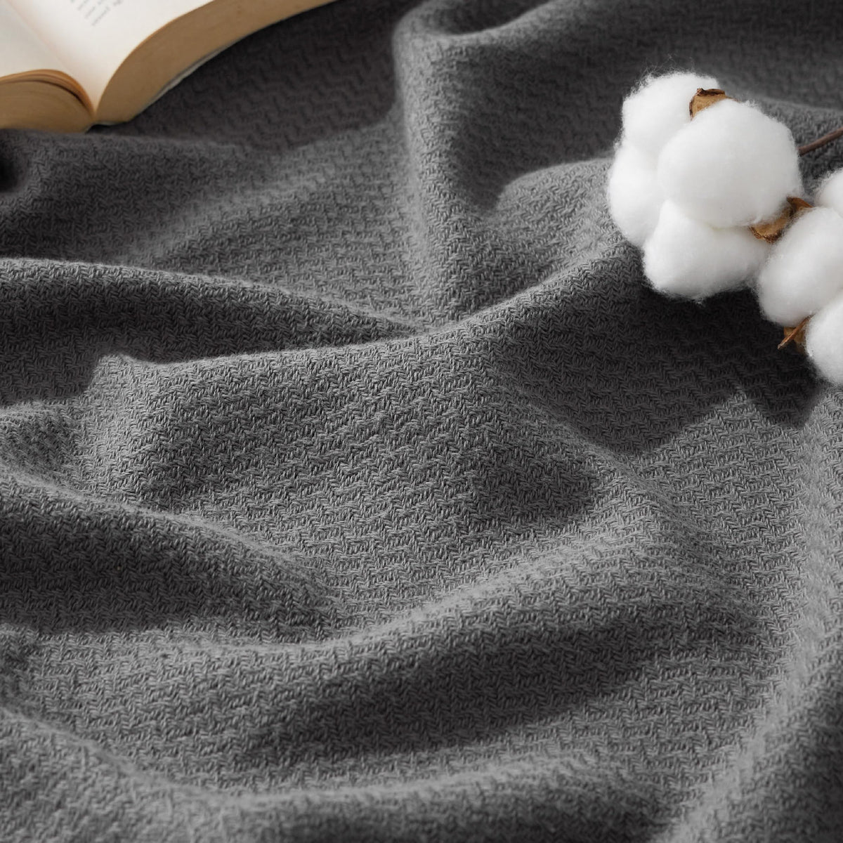 Bedsure 100% Cotton Blanket, Herringbone Weave, Throw XL, Linen Beige