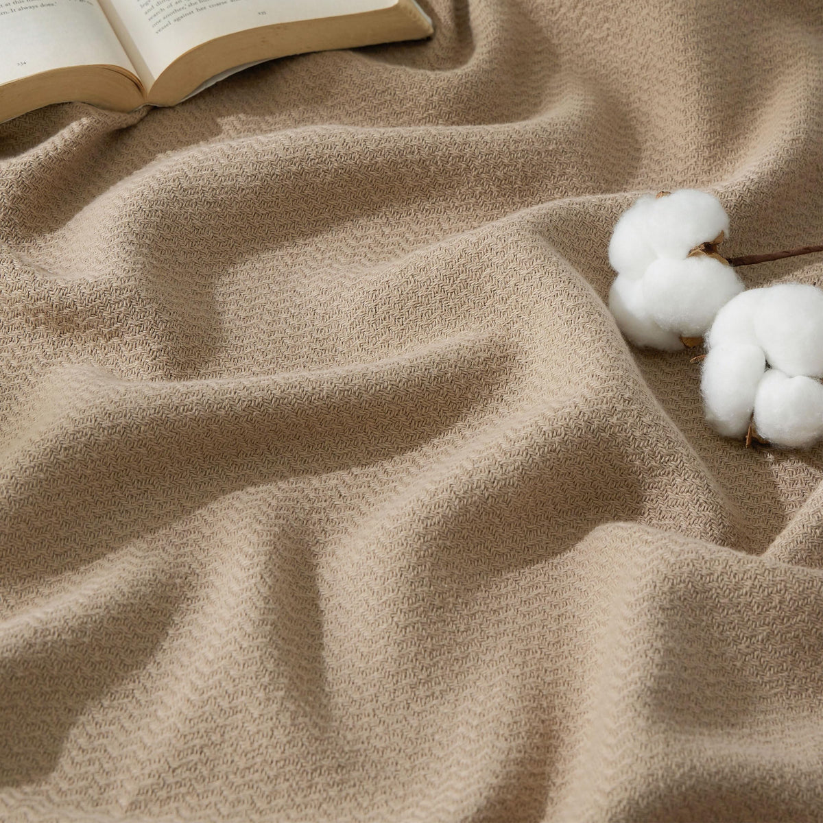 Bedsure 100% Cotton Blanket, Herringbone Weave, Throw XL, Linen Beige