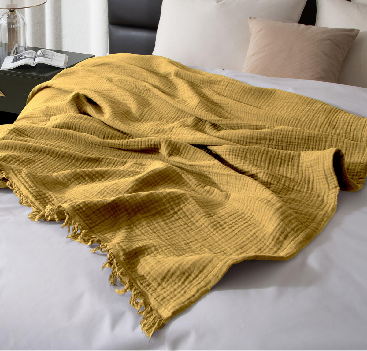 KyraHome 100% Organic Cotton Muslin Throw Blanket, 50"x60", Oatmeal Khaki