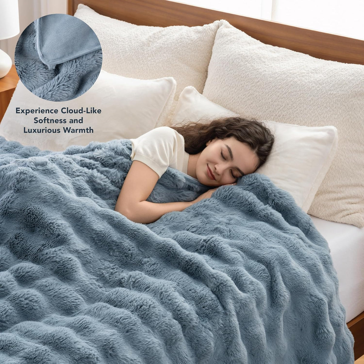Berkshire Faux Fur & Velisse Reversible Blanket - Ultra Soft Plush Blanket for Couch and Bed, Luxury Fluffy Sofa Decor, 90" x 90", Polar Blue