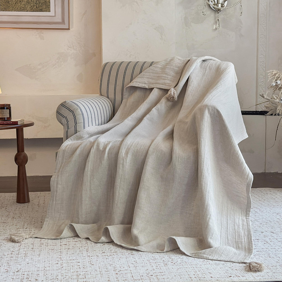 Simple&Opulence Linen Cotton Throw Blanket with Tassels, Double-Layer Flax Blend Blanket for Couch Sofa Bed, Soft Lightweight Breathable Boho Farmhouse Throw for All-Season (50"X60",White)