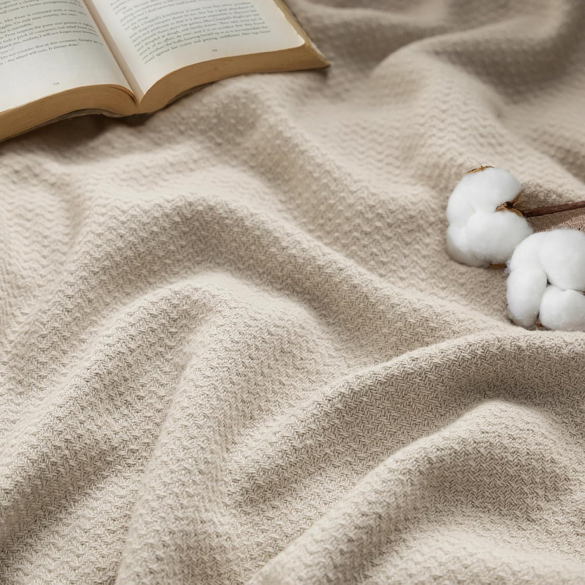 Bedsure 100% Cotton Blanket, Herringbone Weave, Twin-XL, Linen Beige