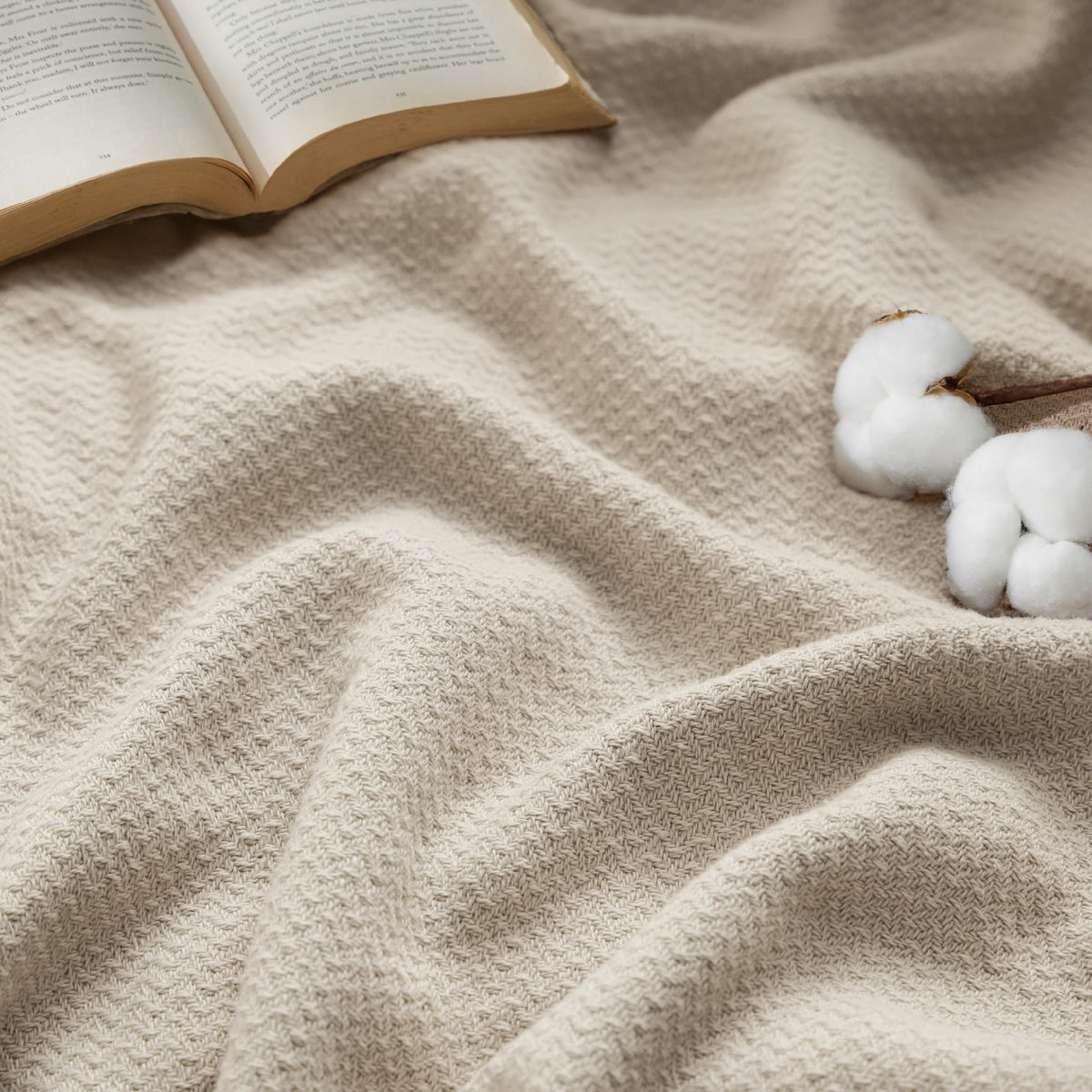 Bedsure 100% Cotton Blanket, Herringbone Weave, Queen Size, Linen Beige