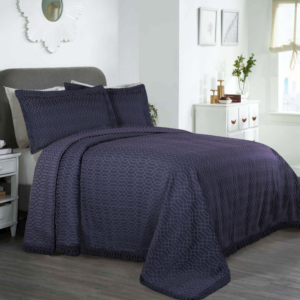 SUPERIOR Cotton 3-Piece Bedspread Set, 1 Medium Weight Bedspread, 2 Pillow Shams, Home Bed Decor, Warm Bedding, Matelasse Woven Oversized Blanket, Geometric Circles, Serenity Collection, King, Linen