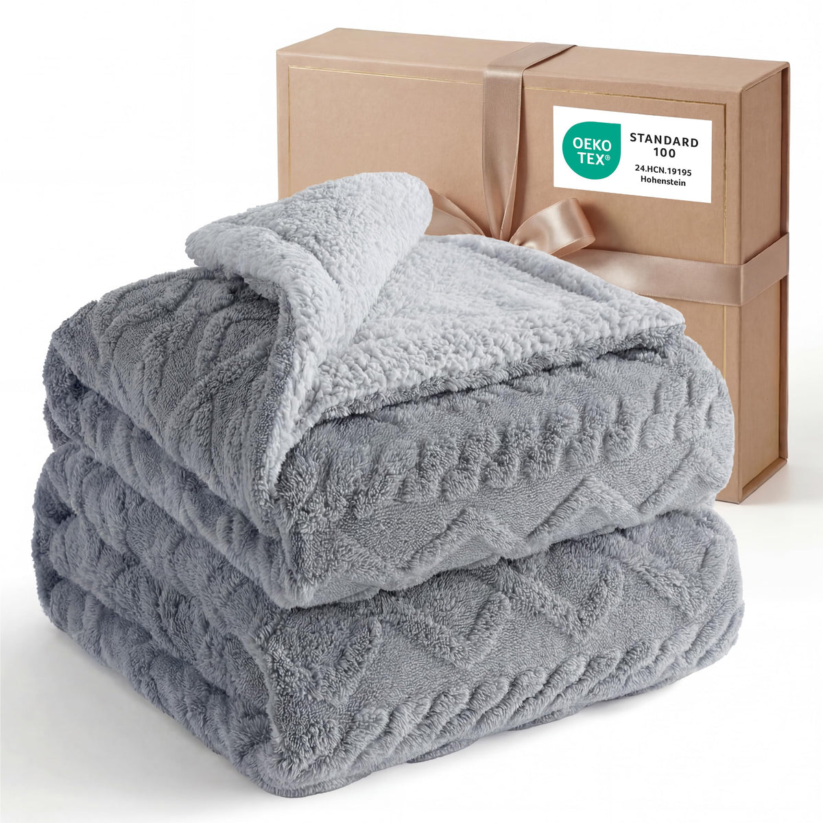 Bedsure Sherpa Fleece Blanket, Cable Jacquard Tufted, Warm, Throw, Grey