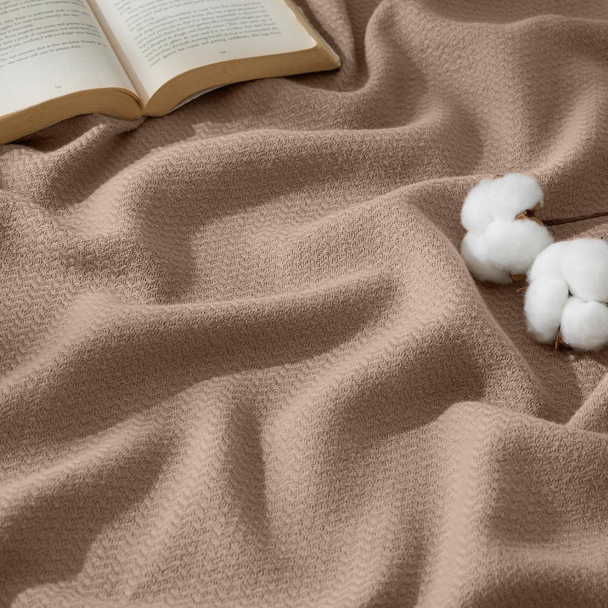 Bedsure 100% Cotton Blanket, Herringbone Weave, Throw XL, Linen Beige
