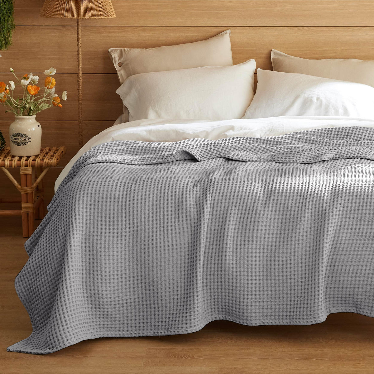 Bedsure Lightweight 100% Cotton Waffle Blanket, Throw XL, Linen