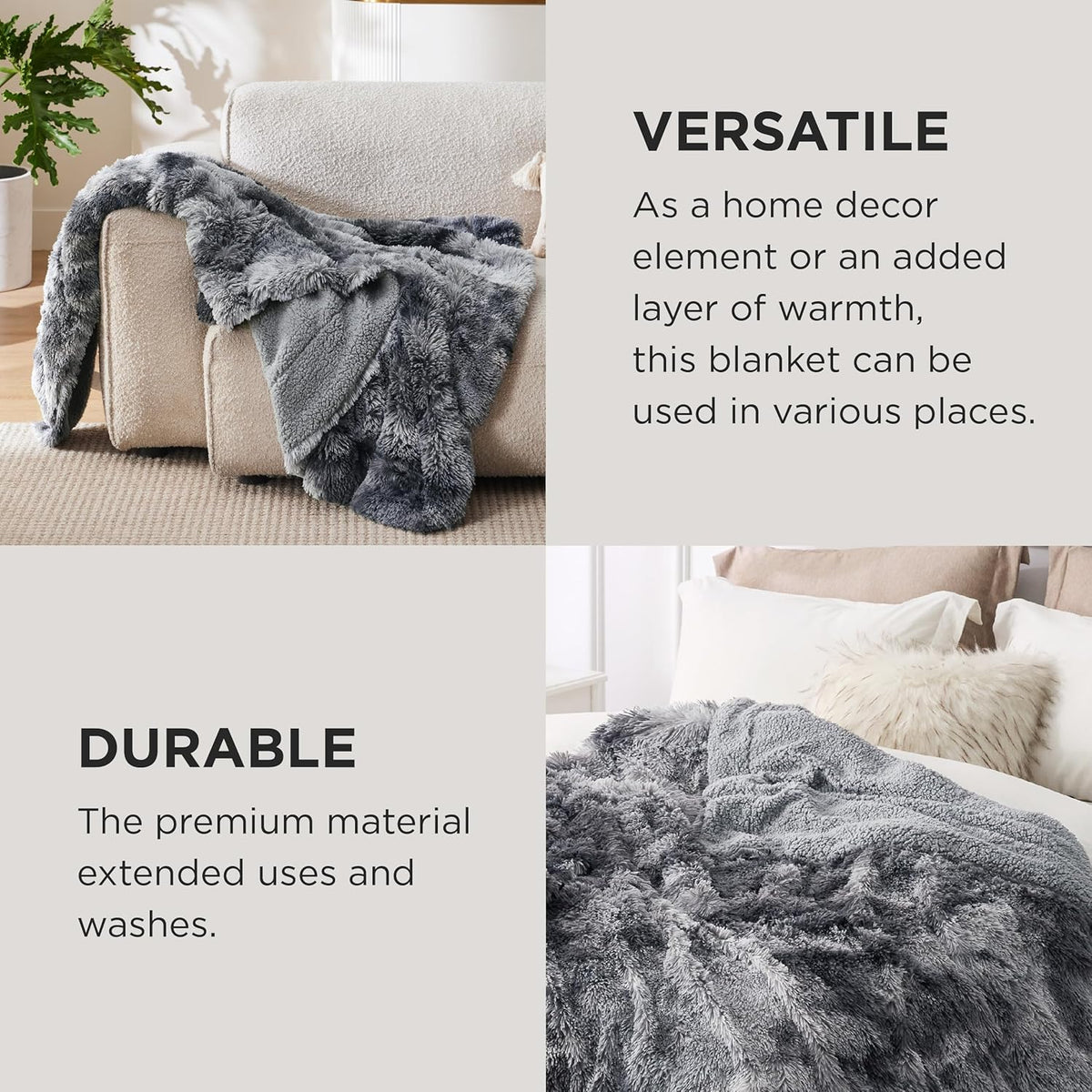 Bedsure Faux Fur Fluffy Fleece Sherpa Blanket Couch Throw Grey 50"x60"
