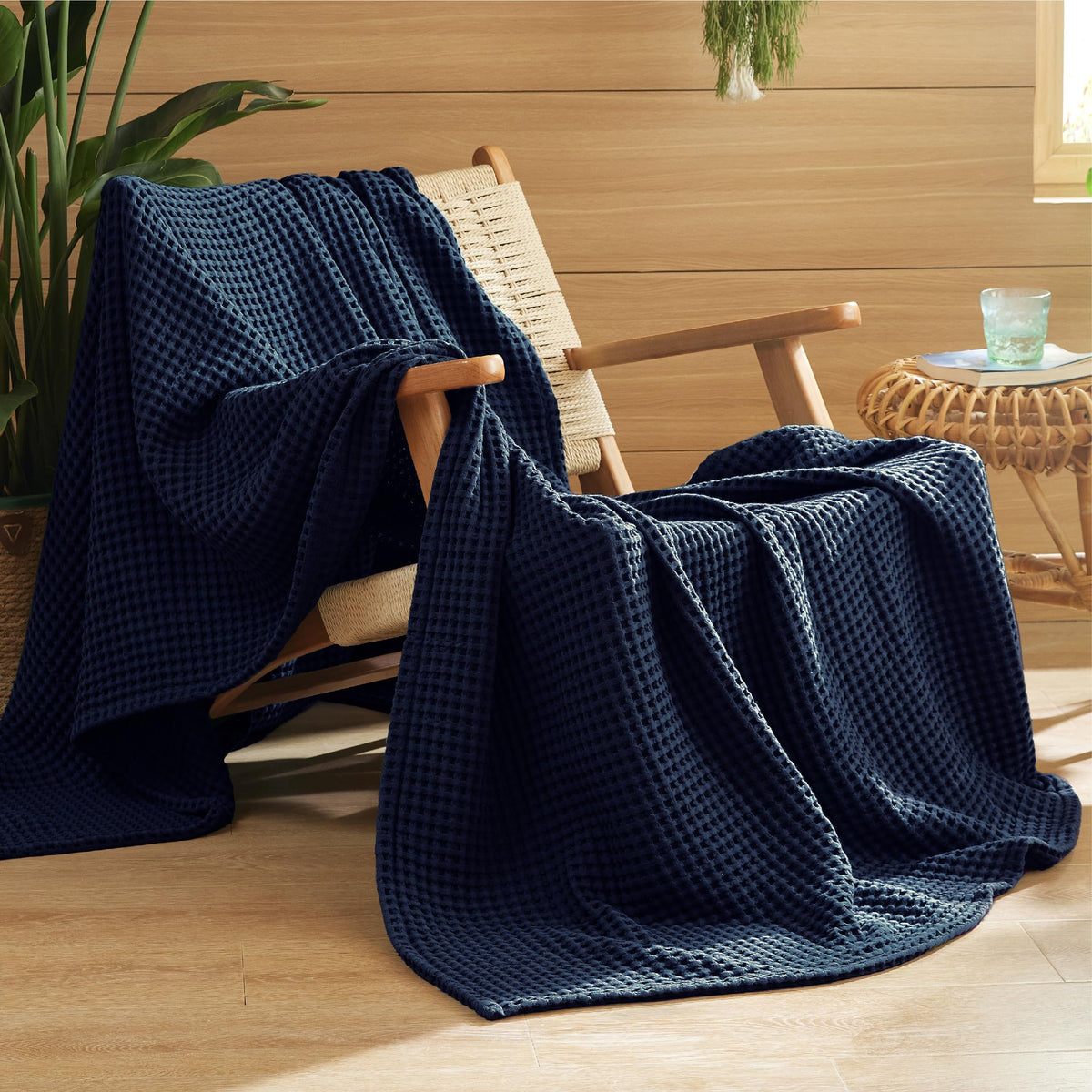 Bedsure Lightweight 100% Cotton Waffle Blanket, Throw XL, Linen