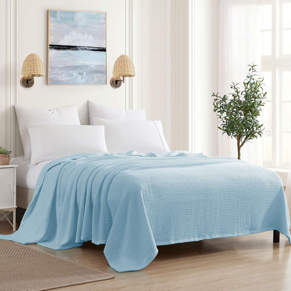 Sweet Home Collection 100% Fine Cotton Luxurious Basket Weave Blanket, Ivory Full/Queen(Pack of 1)