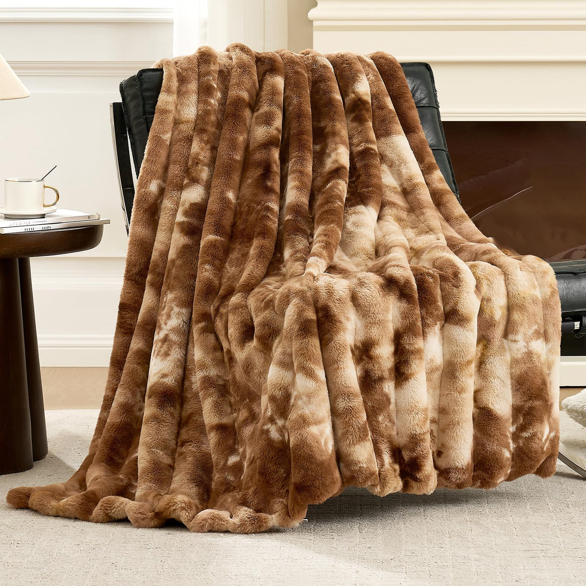 Cozy Bliss Deluxe Sheared Rabbit Faux Fur Throw Blanket, Soft Fuzzy High-Low Sculpted Plush Blanket for Couch, Cozy Home Accent, All Season Use, Beige 50"x60"