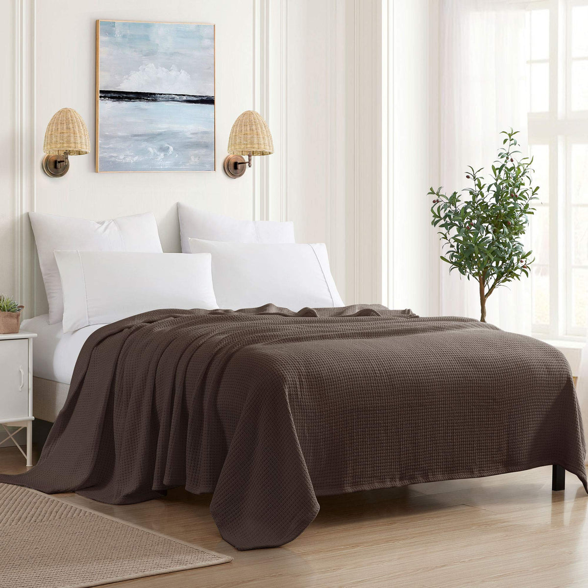 Sweet Home Collection 100% Fine Cotton Luxurious Basket Weave Blanket, Ivory Full/Queen(Pack of 1)