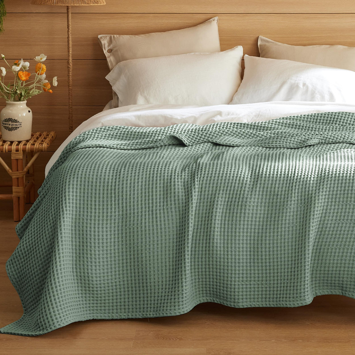 Bedsure Lightweight 100% Cotton Waffle Blanket, Throw XL, Linen