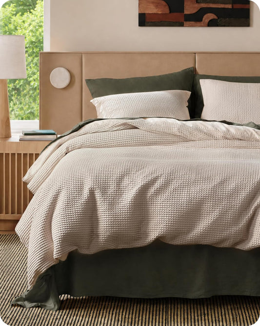 Bedsure PureWoven 3 Pieces 100% Cotton Waffle Duvet Cover Set, Queen, Linen