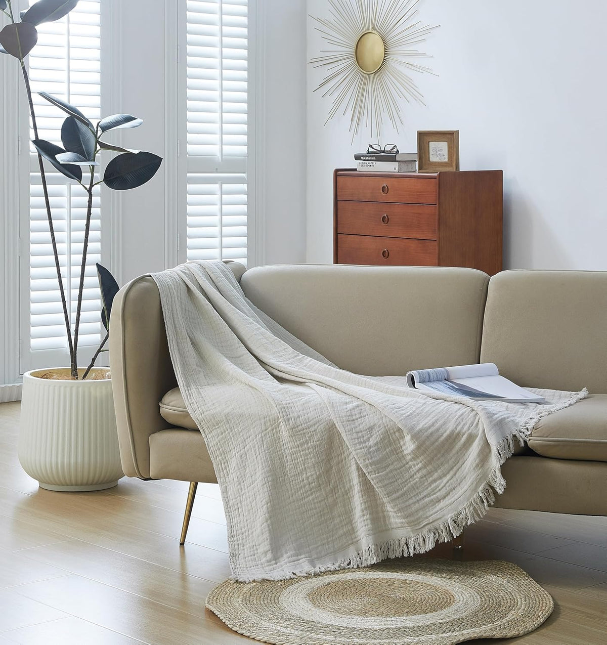 100% Cotton Muslin Throw Blanket for Bed, Couch, Small, Decorative, Soft, Pre-Washed, Breathable and Lightweight Gauze Blanket with Fringes(Linen Grey, 50"x60")