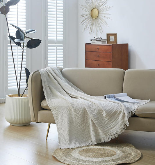 100% Cotton Muslin Throw Blanket for Bed, Couch, Small, Decorative, Soft, Pre-Washed, Breathable and Lightweight Gauze Blanket with Fringes(Linen Grey, 50"x60")