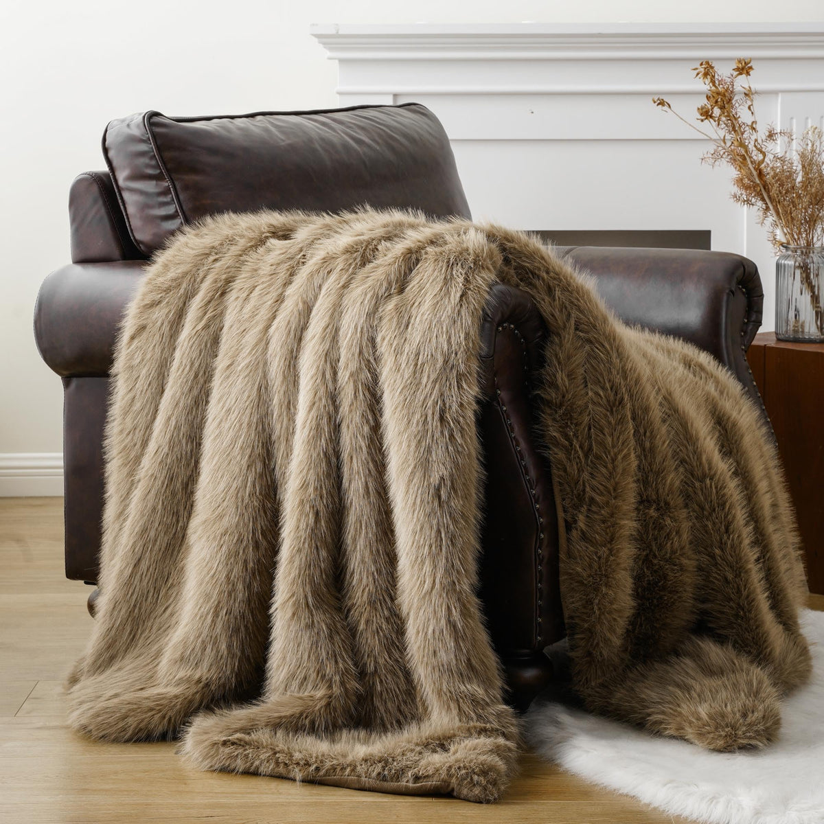 BATTILO HOME Faux Fur Throw Blanket, Luxury Fluffy Brown Blankets, 50"x60"