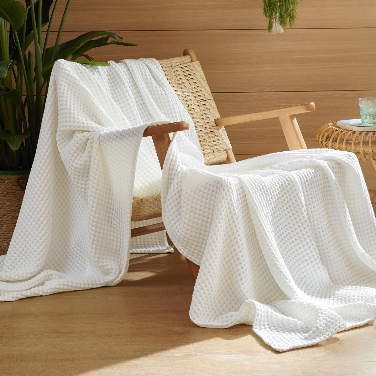 Bedsure Lightweight 100% Cotton Waffle Blanket, Throw XL, Linen