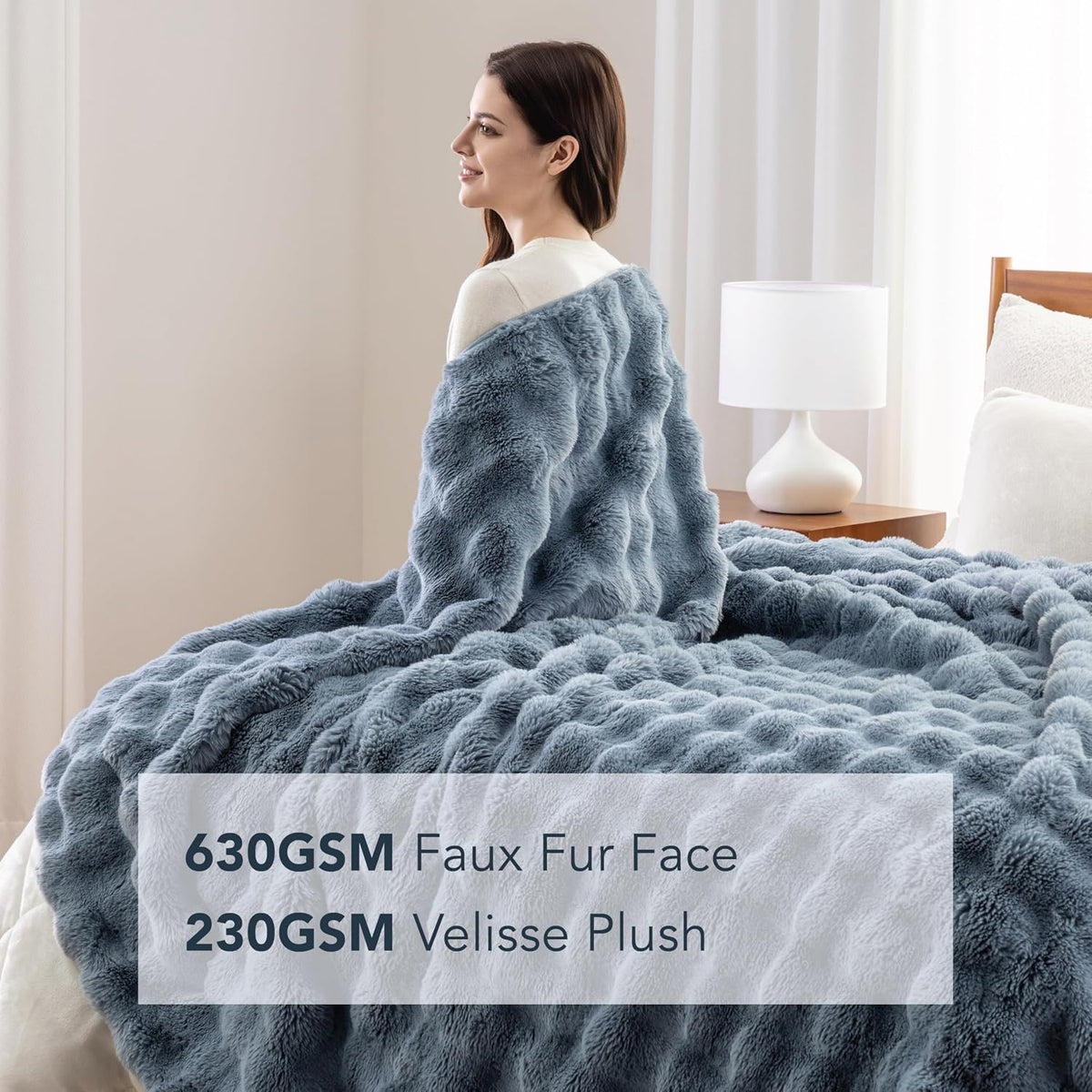 Berkshire Faux Fur & Velisse Reversible Blanket - Ultra Soft Plush Blanket for Couch and Bed, Luxury Fluffy Sofa Decor, 90" x 90", Polar Blue