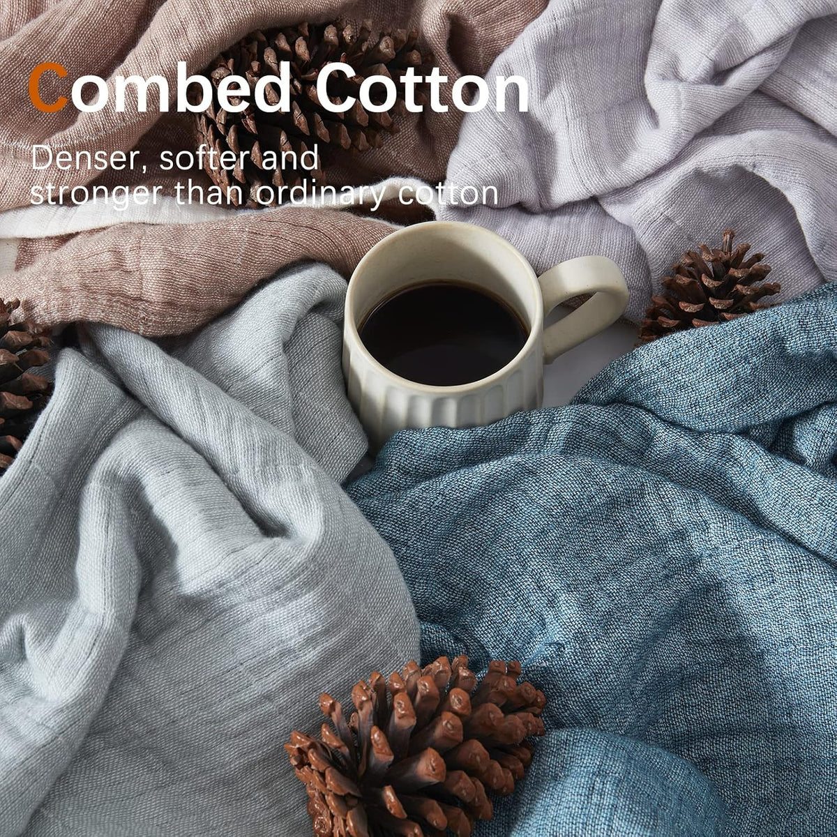 SE SOFTEXLY Muslin Throw Blanket, 4-Layer Dyed Yarn, 50”x60”, Denim Blue