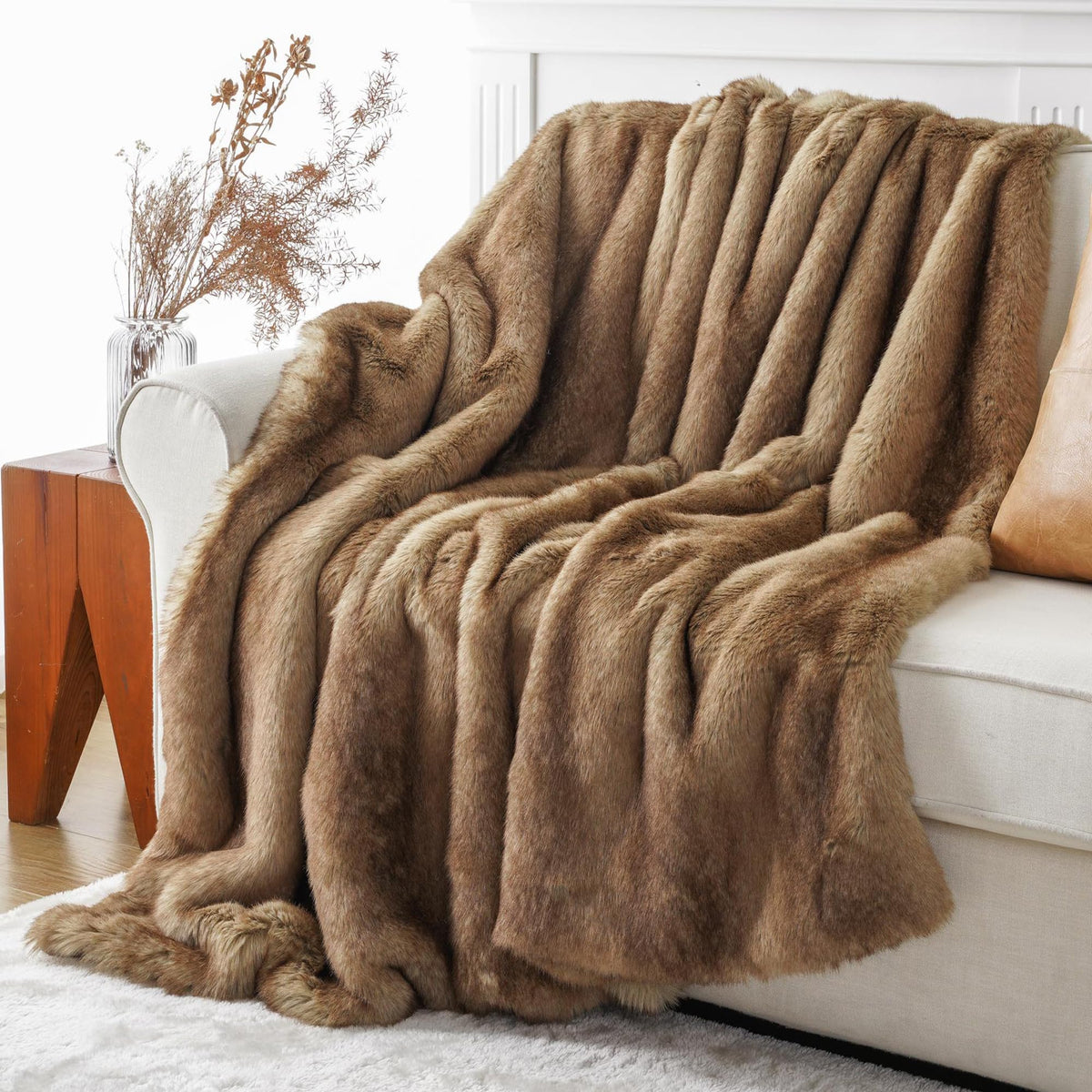 BATTILO Large Brown Faux Fur Throw Blanket for Bed, 60"x80", Shaggy