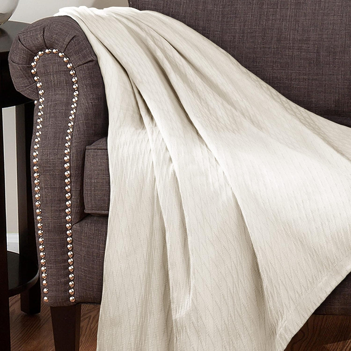 Superior Diamond Weave All-Season Cotton Blanket, Cover for Home, Couch, Bed, Soft, Warm Blankets, Boho Aesthetic, Comfy, Cozy, and Cute Covers, Decorative Bedding Essentials, Full/Queen, Ivory
